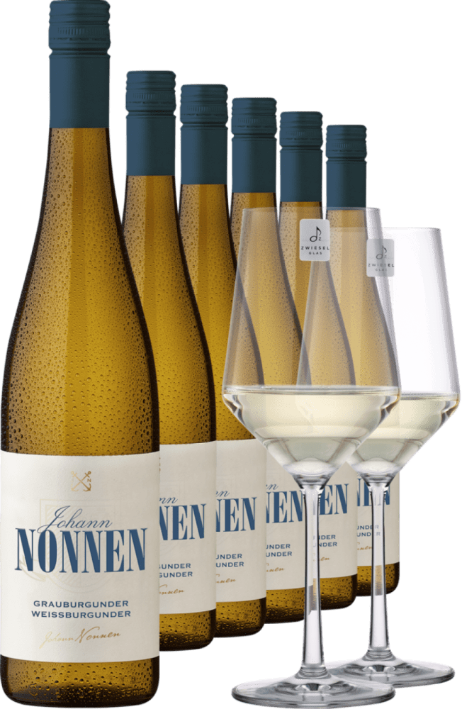 2022 Johann Nonnen Grauburgunder Weissburgunder im 6er Vorratspaket inkl. 2er Set Zwiesel Glas PURE - Die Welt der Weine