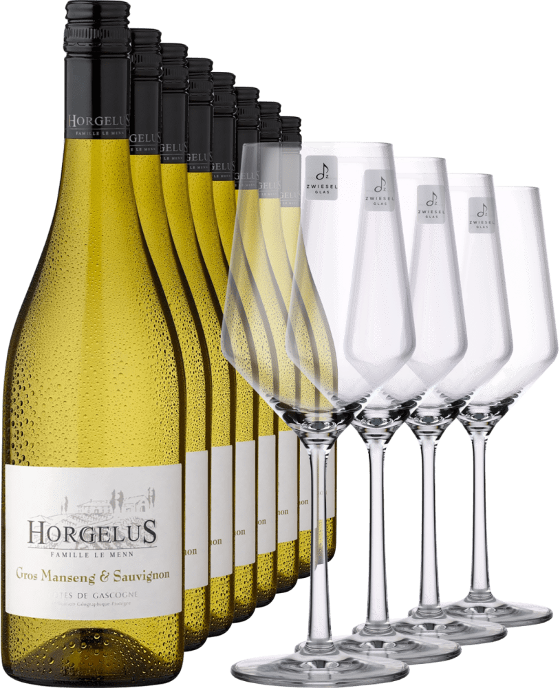 2023 Horgelus Gros Manseng Sauvignon im 8er Vorratspaket inkl. Zwiesel PURE Glaeser Set - Die Welt der Weine